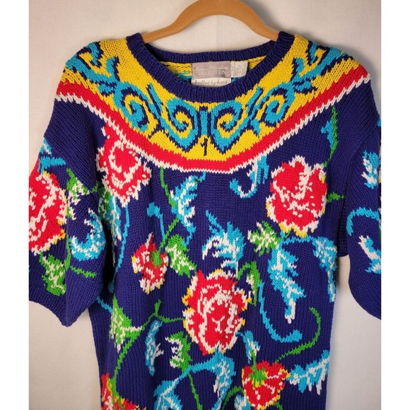 Bright Floral Chunky Sweater Boho Artsy Bold Colorful 90's VTG - Picture 2 of 8